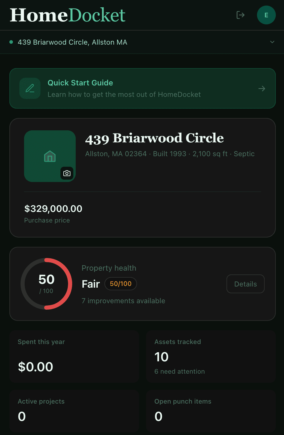 HomeDocket home dashboard showing the property, its health score, spending, assets tracked, and projects